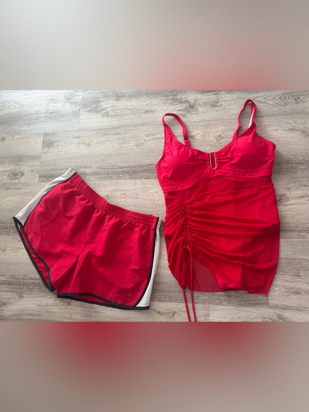 Red Women's Ruched Chemise swimsuit one piece with Matching Shorts size xl 16